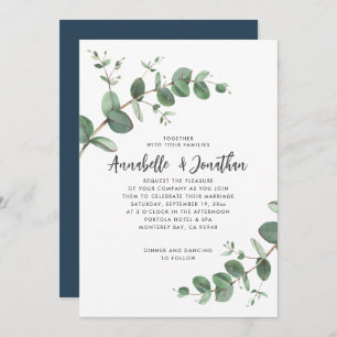 Navy Blue Eucalyptus script Modern Invitation