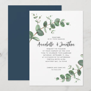 Navy Blue Eucalyptus script Modern Invitation Kaart
