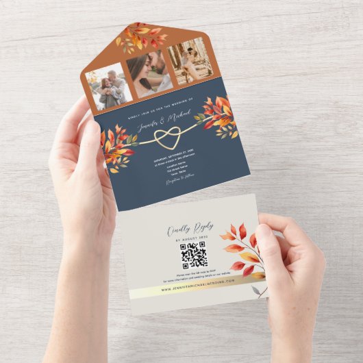 Navy Blue Fall Wedding All In One Uitnodiging (Afscheurbaar)