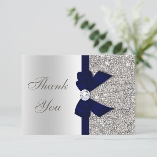 Navy Blue Faux Bow Silver Sequins Bedankt (Staand voorkant)