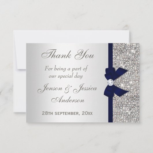 Navy Blue Faux Bow Silver Sequins Bedankt (Achterkant)