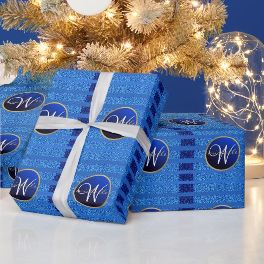 Navy Blue Faux Glitter Bokeh Sparkly Monogram Cadeaupapier (Feestdagen)
