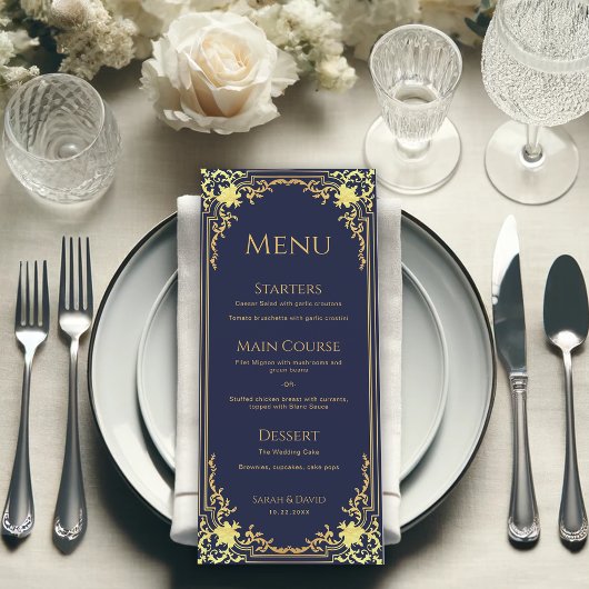  Navy Blue Faux Gold Elegant Wedding Menu