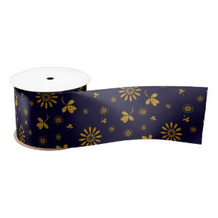 Navy Blue Faux Gold Foil Floral Leaves Lint