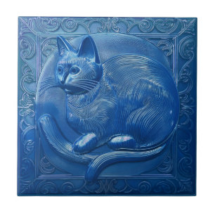 Navy Blue faux relief Art Nouveau Cat Tegeltje