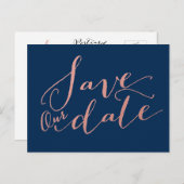 Navy Blue Faux Roos Gold Foil | Save the date Aankondigingskaart (Voorkant / Achterkant)