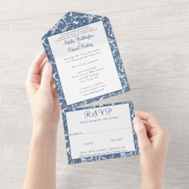 Navy Blue Filigree Paisley Henna Wedding RSVP All In One Uitnodiging