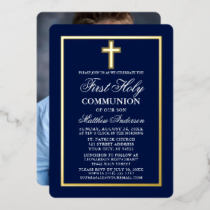 Navy Blue First Heilige Commune Foto Cross Gold Folie Uitnodiging