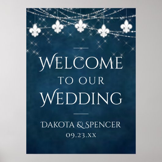 Navy Blue Fleur de Lis Fairy Light | Weddenschap Poster (Voorkant)