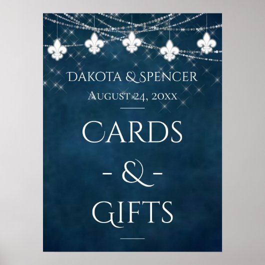 Navy Blue Fleur de Lis Fairy Light | Weddenschap Poster (Voorkant)