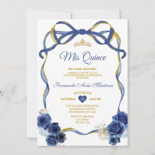 Navy Blue Floral Bow Lijst Gold Crown Mis Quince Kaart