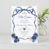 Navy Blue Floral Bow Lijst Silver Crown Mis Quince Kaart (Staand voorkant)
