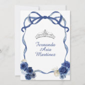 Navy Blue Floral Bow Lijst Silver Crown Mis Quince Kaart (Achterkant)