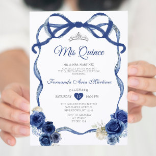 Navy Blue Floral Bow Lijst Silver Crown Mis Quince Kaart