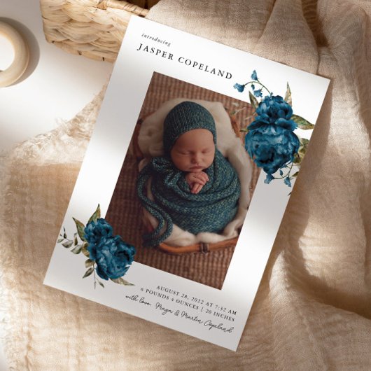 Navy Blue Floral Boy Baby Photo Faire-part de nais