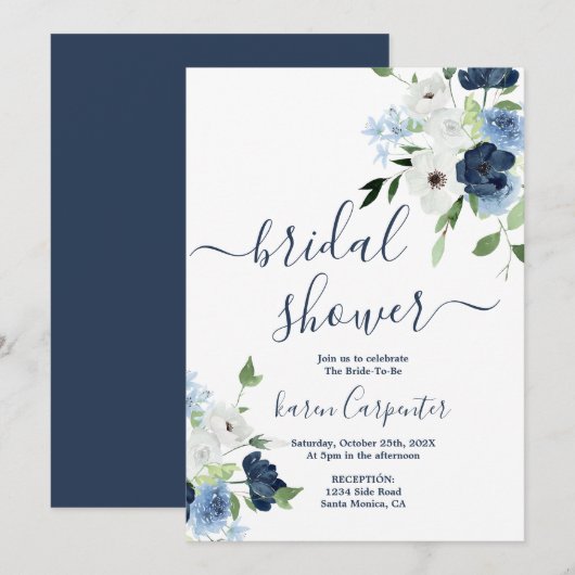 Navy Blue Floral Bridal Shower Kaart (Voorkant / Achterkant)
