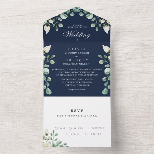 Navy Blue Floral bruiloft in één uitnodiging (Binnen)