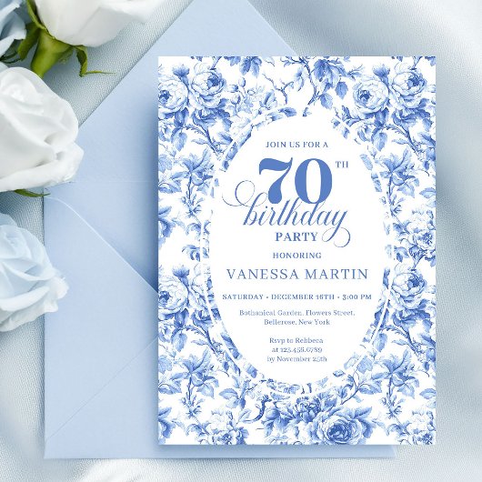 Navy Blue Floral Chic 70th Birthday Invitation