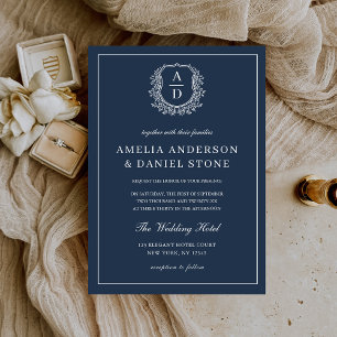 Navy Blue Floral Crest Monogram Huwelijk Elegant Kaart