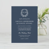 Navy Blue Floral Crest Monogram Wedding QR Code Kaart (Staand voorkant)