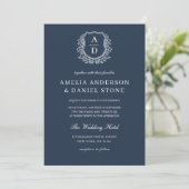 Navy Blue Floral Crest Monogram Wedding QR Code Kaart (Staand voorkant)