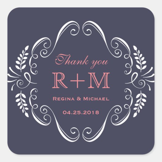 Navy Blue Floral Curl Wedding Favor Sticker (Voorkant)