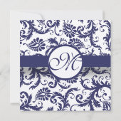 Navy Blue Floral Damask Monogram Weddenschap Kaart (Achterkant)