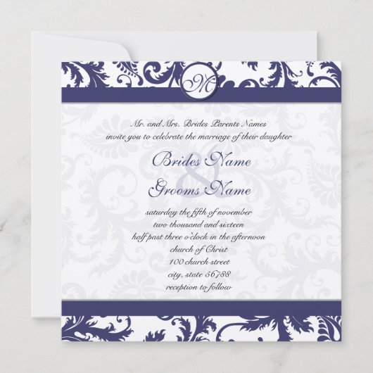 Navy Blue Floral Damask Monogram Weddenschap Kaart (Voorkant)