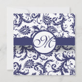 Navy Blue Floral Damask Monogram Weddenschap Kaart (Achterkant)