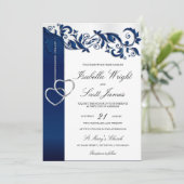 Navy Blue Floral Design Wedding Invitation Kaart (Staand voorkant)