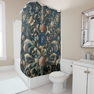Navy blue floral douchegordijn