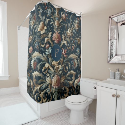 Navy blue floral douchegordijn (In situ)