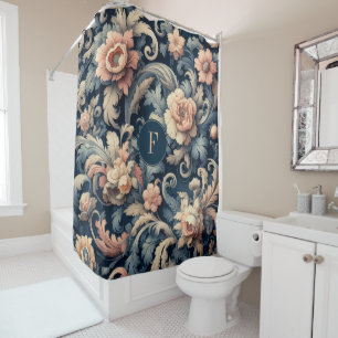 Navy blue floral douchegordijn