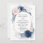 Navy Blue Floral Dusty Budget QR Code Wedding Kaart (Voorkant)
