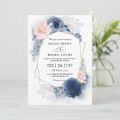 Navy Blue Floral Dusty Budget QR Code Wedding Kaart (Staand voorkant)
