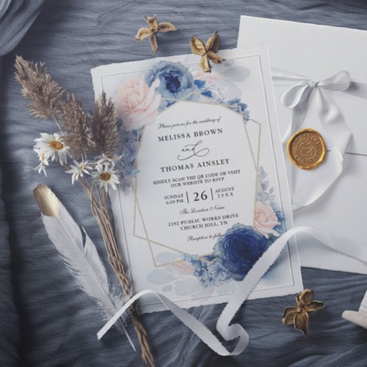 Navy Blue Floral Dusty Budget QR Code Wedding Kaart