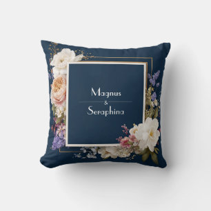 Navy Blue Floral Elegance met pioenen en bloesem Kussen