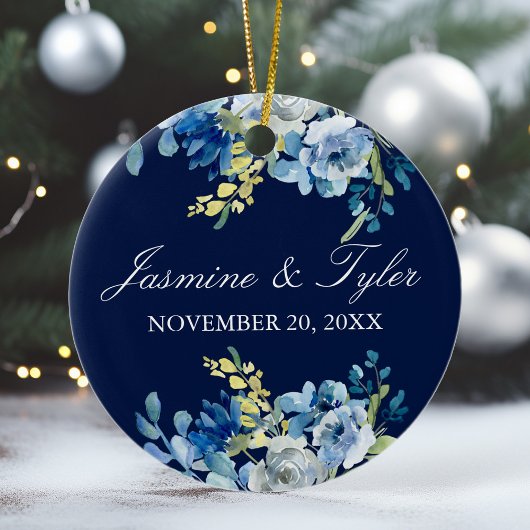 Navy Blue Floral Elegant Custom Wedding Photo Keramisch Ornament