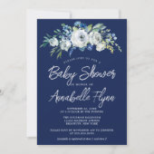 Navy Blue Floral Elegant Modern Boy Baby shower Kaart (Voorkant)