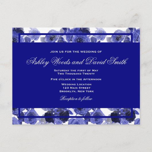Navy Blue Floral Elegant Script Wedding Briefkaart (Voorkant)