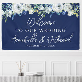 Navy Blue Floral Elegant Welkom bij ons huwelijk Spandoek