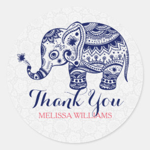 Navy Blue Floral Elephant Ronde Sticker