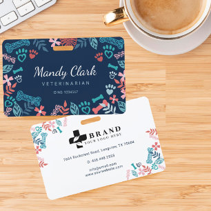 Navy Blue Floral & Foliage Pet Paw Print Patroon Badge