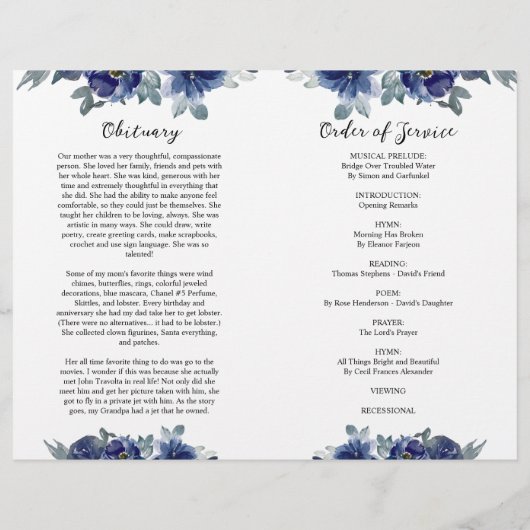 Navy Blue Floral Funeral Program Orde van Service (Achterkant)