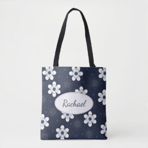 Navy Blue  Floral, gepersonaliseerd Draagtas