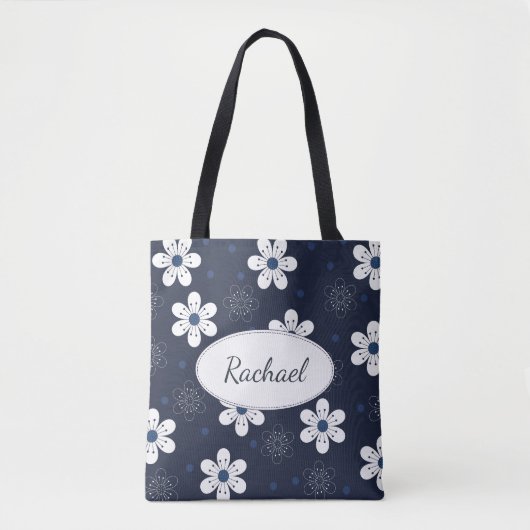 Navy Blue Floral, gepersonaliseerd Draagtas (Voorkant)