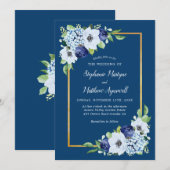 Navy Blue Floral Gold Border Waterverf Wedding Kaart (Voorkant / Achterkant)