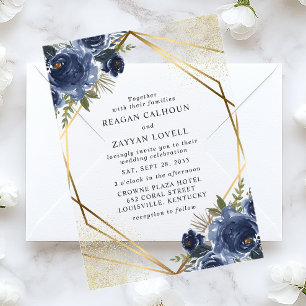 Navy Blue Floral Gold Geometric Modern Wedding Acryl Uitnodigingen