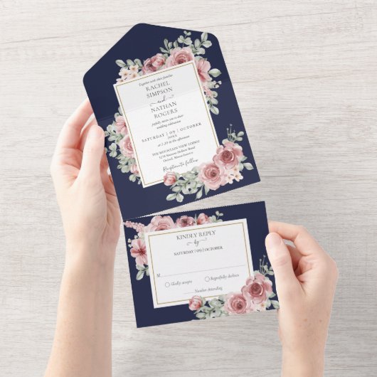 Navy Blue Floral Gold Geometric Wedding All In One Uitnodiging (Afscheurbaar)