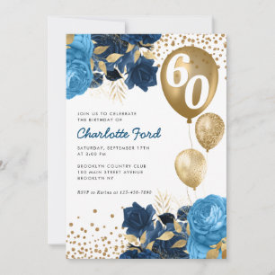 Navy Blue Floral Gold Glitter Balloons Birthday Kaart